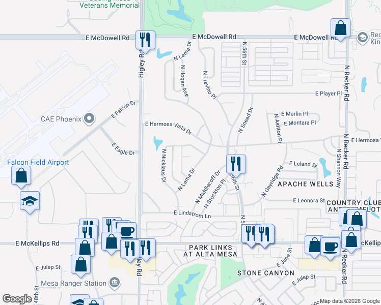 map of restaurants, bars, coffee shops, grocery stores, and more near 2310 North Lema Drive in Mesa