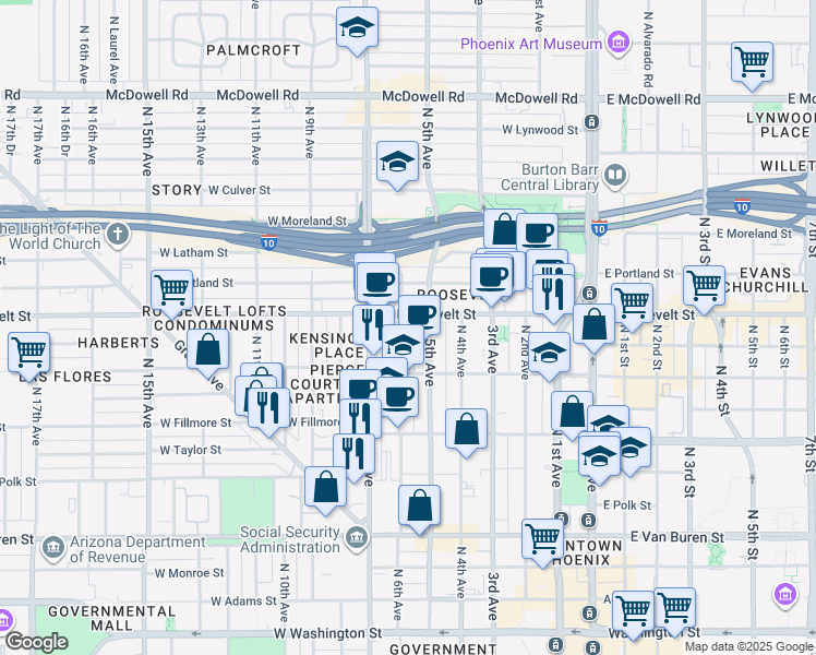 map of restaurants, bars, coffee shops, grocery stores, and more near 822 North 6th Avenue in Phoenix