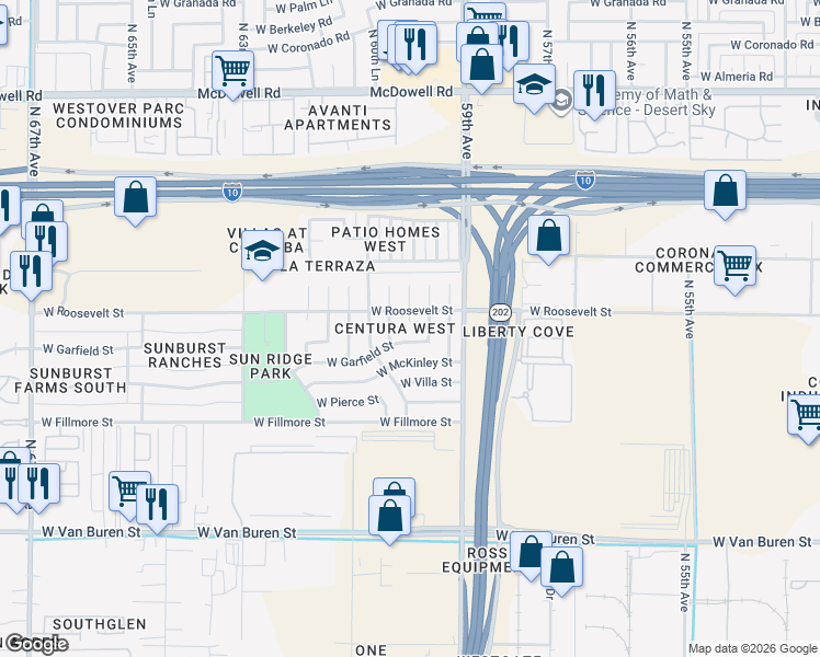 map of restaurants, bars, coffee shops, grocery stores, and more near 5925 West Garfield Street in Phoenix