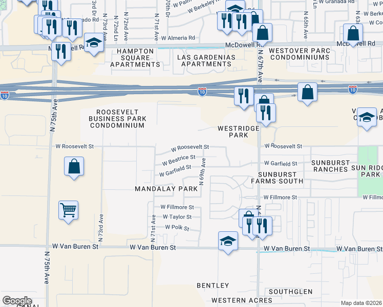 map of restaurants, bars, coffee shops, grocery stores, and more near 6922 West Garfield Street in Phoenix