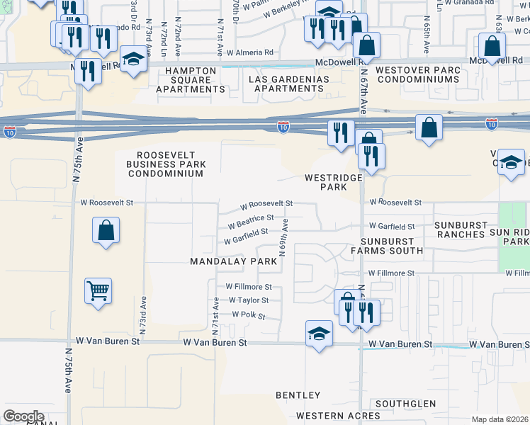 map of restaurants, bars, coffee shops, grocery stores, and more near 6922 West Garfield Street in Phoenix