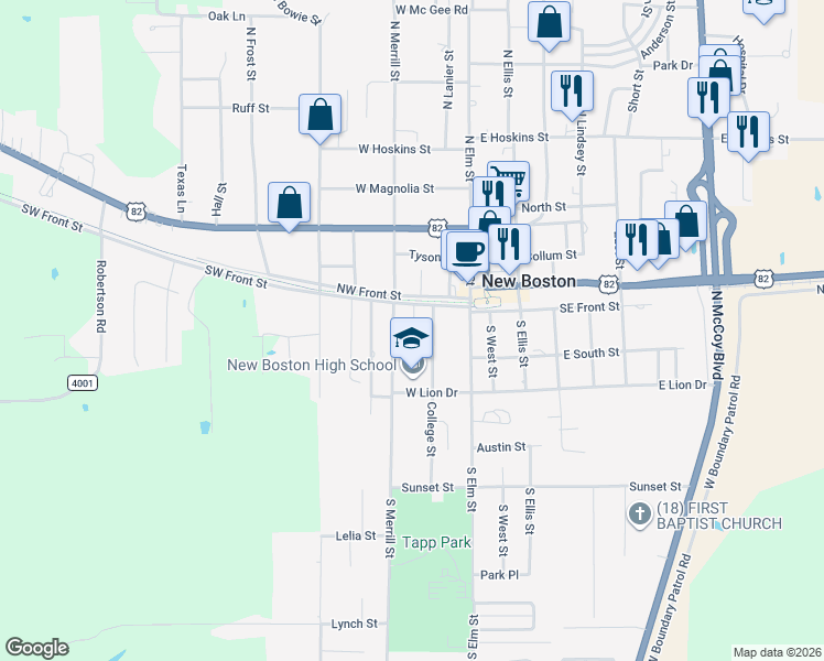 map of restaurants, bars, coffee shops, grocery stores, and more near 111 South Merrill Street in New Boston