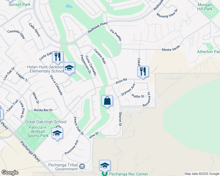 map of restaurants, bars, coffee shops, grocery stores, and more near 46065 Grace Court in Temecula