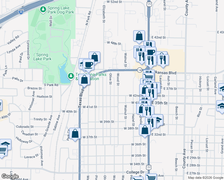 map of restaurants, bars, coffee shops, grocery stores, and more near 4120 Olive Street in Texarkana