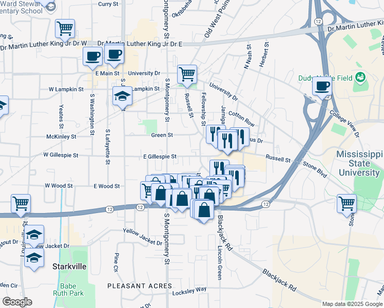 map of restaurants, bars, coffee shops, grocery stores, and more near 505 Spring Street in Starkville
