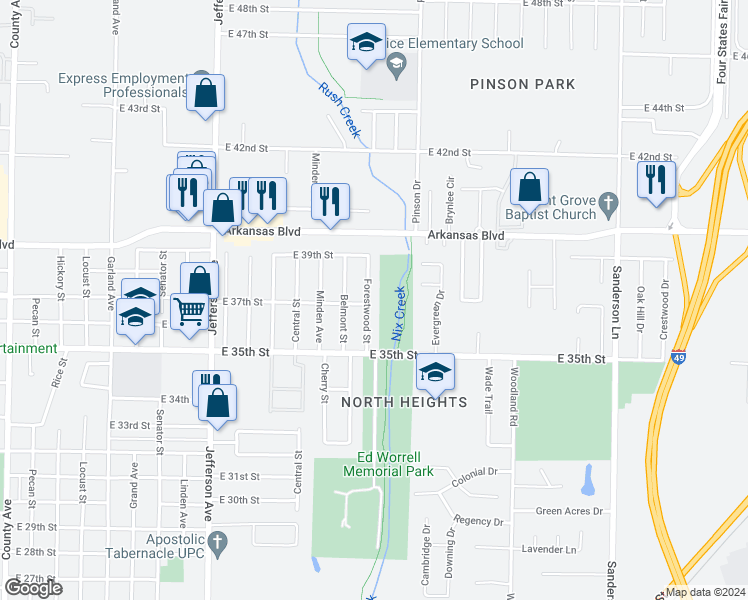 map of restaurants, bars, coffee shops, grocery stores, and more near 3702 Forestwood Street in Texarkana
