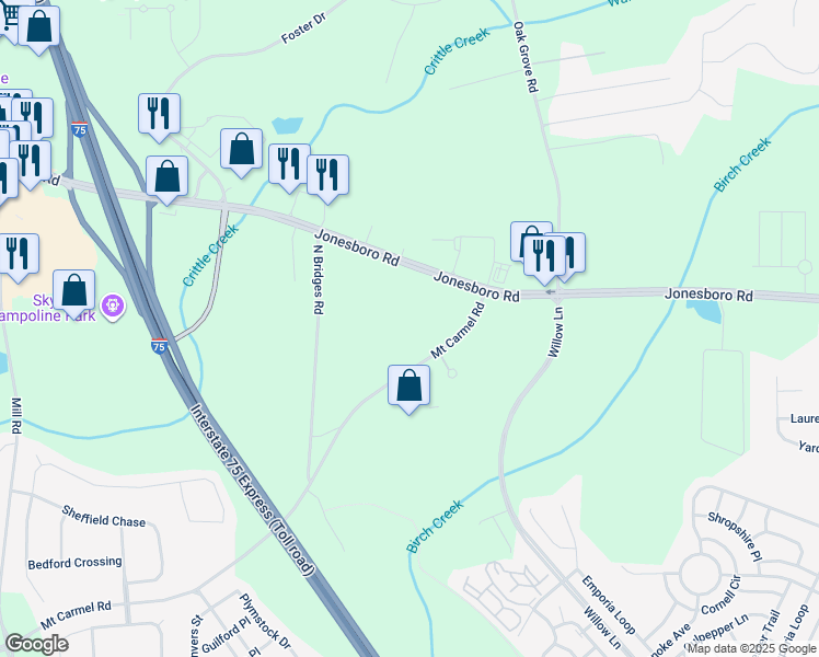 map of restaurants, bars, coffee shops, grocery stores, and more near 110 Mount Carmel Road in McDonough
