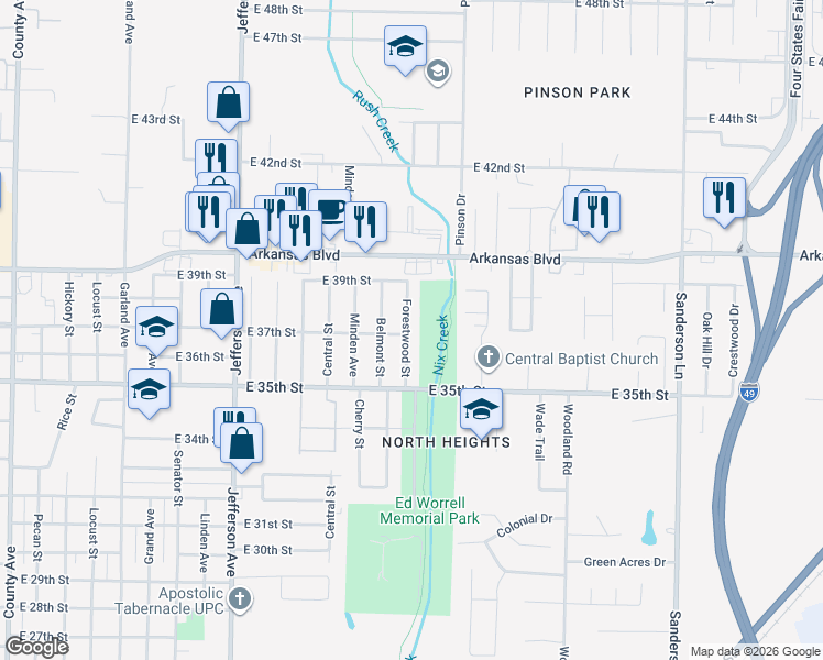 map of restaurants, bars, coffee shops, grocery stores, and more near 3702 Forestwood Street in Texarkana