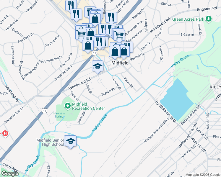 map of restaurants, bars, coffee shops, grocery stores, and more near 512 Lovoy Street in Birmingham