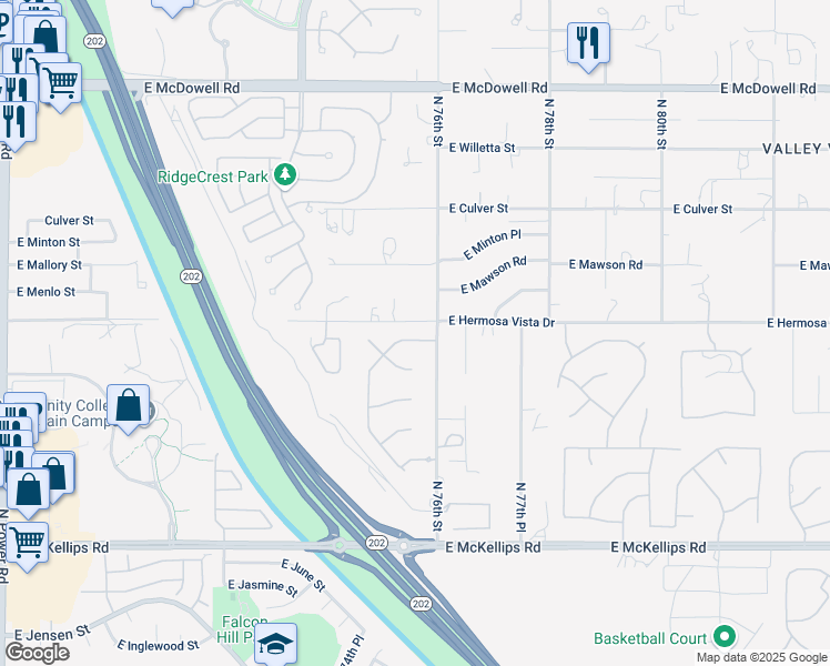 map of restaurants, bars, coffee shops, grocery stores, and more near 7552 East Hermosa Vista Drive in Mesa