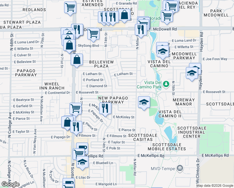 map of restaurants, bars, coffee shops, grocery stores, and more near 1007 North 74th Street in Scottsdale