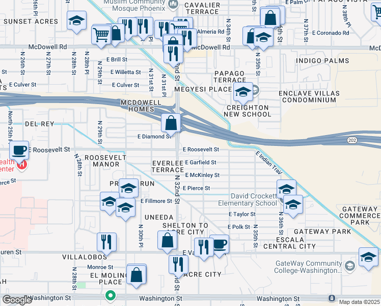 map of restaurants, bars, coffee shops, grocery stores, and more near 1030 North 32nd Street in Phoenix