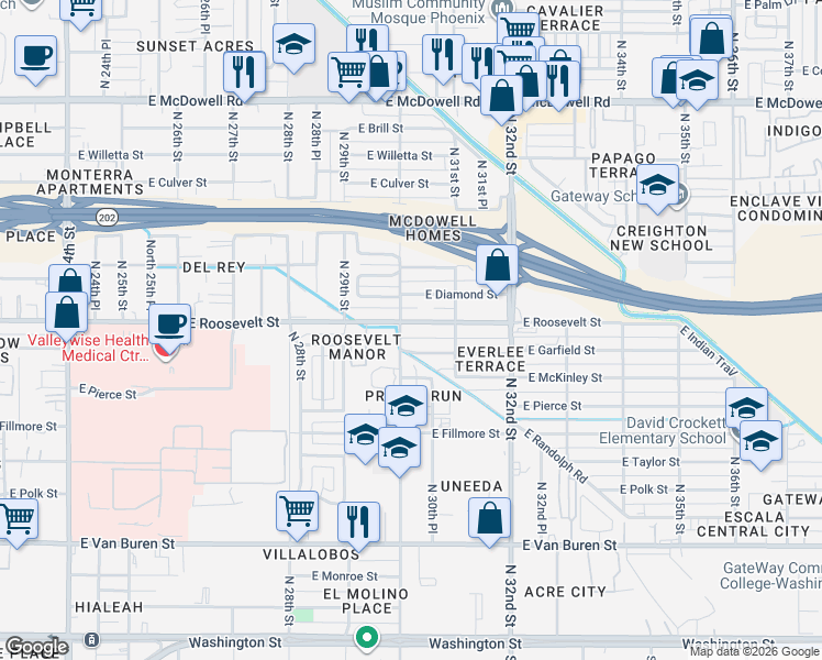 map of restaurants, bars, coffee shops, grocery stores, and more near 3002 East Roosevelt Street in Phoenix
