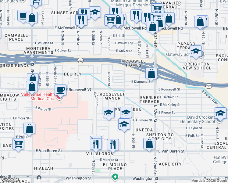 map of restaurants, bars, coffee shops, grocery stores, and more near 2918 East Roosevelt Street in Phoenix