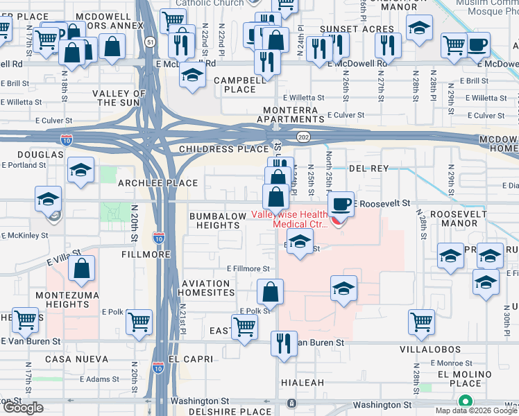 map of restaurants, bars, coffee shops, grocery stores, and more near 2310 East Roosevelt Street in Phoenix
