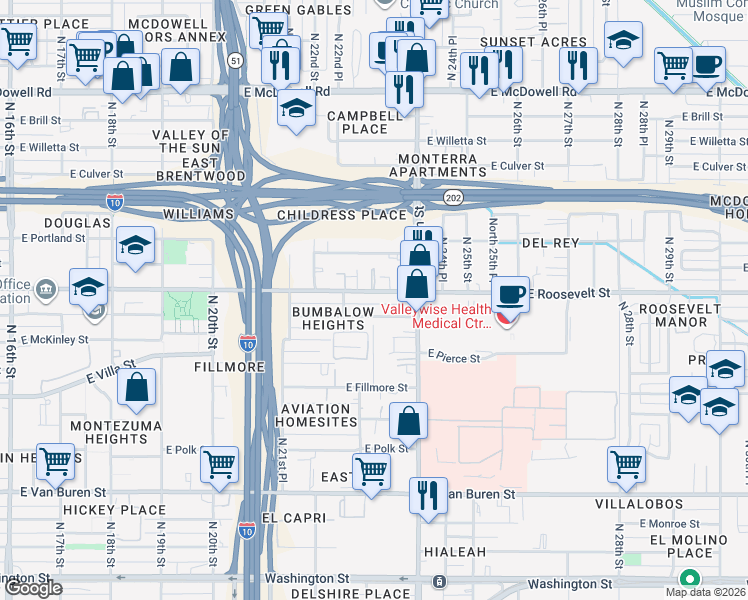 map of restaurants, bars, coffee shops, grocery stores, and more near 2310 East Roosevelt Street in Phoenix