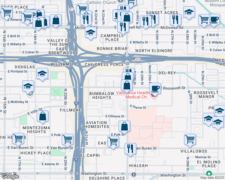 map of restaurants, bars, coffee shops, grocery stores, and more near 2310 East Roosevelt Street in Phoenix