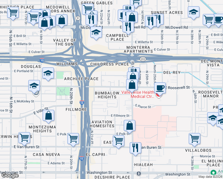 map of restaurants, bars, coffee shops, grocery stores, and more near 2232 East Roosevelt Street in Phoenix