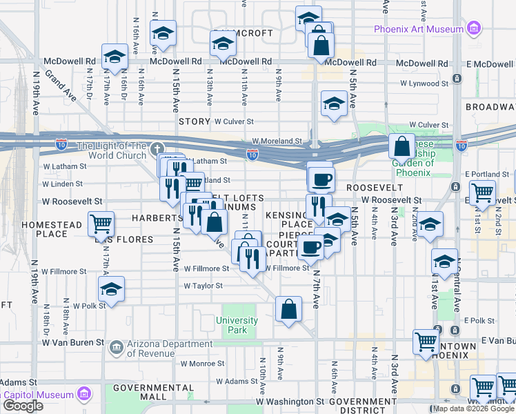 map of restaurants, bars, coffee shops, grocery stores, and more near 922 West Roosevelt Street in Phoenix
