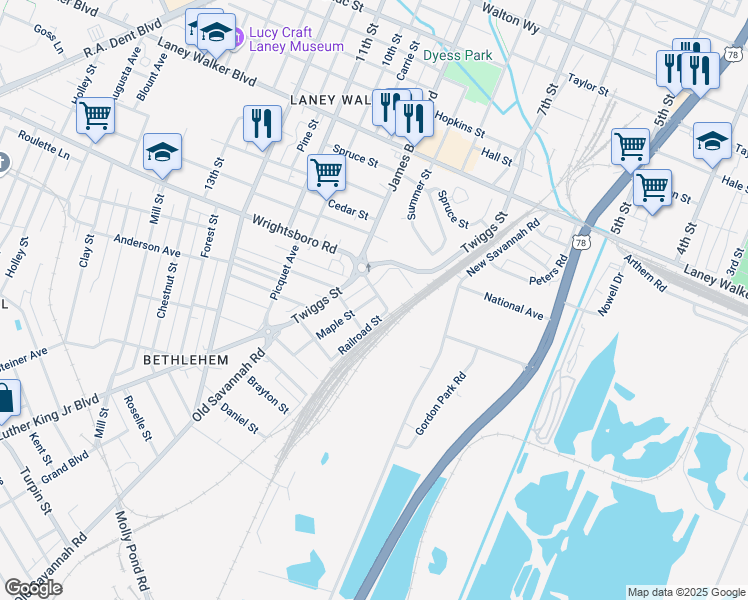 map of restaurants, bars, coffee shops, grocery stores, and more near 1402 Gormans Lane in Augusta