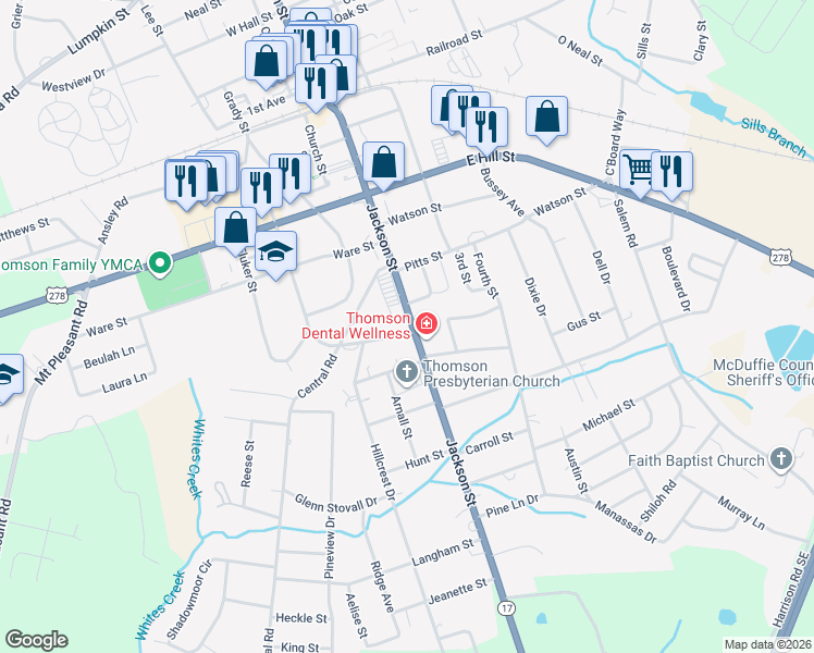 map of restaurants, bars, coffee shops, grocery stores, and more near 506 Jackson Street in Thomson