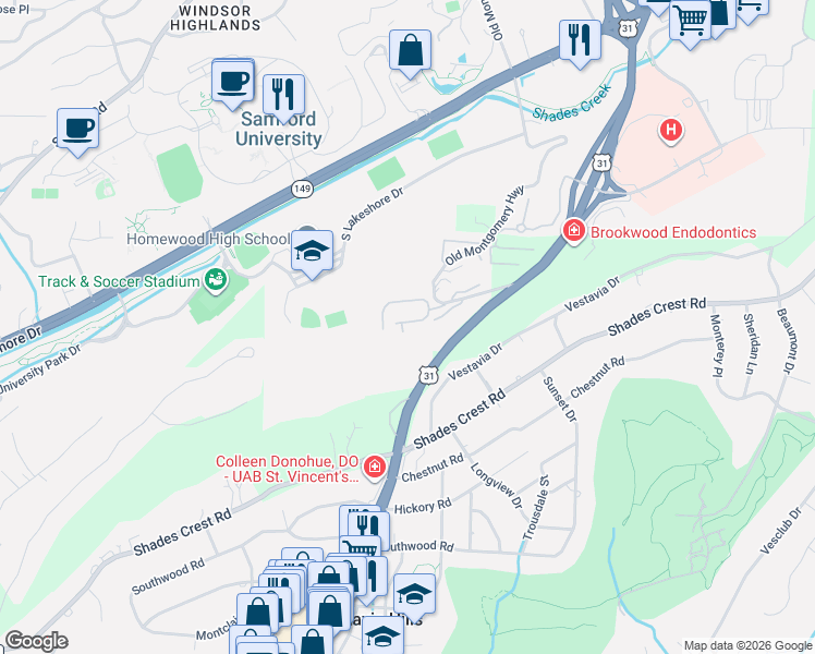map of restaurants, bars, coffee shops, grocery stores, and more near 507 Woodland Village in Birmingham