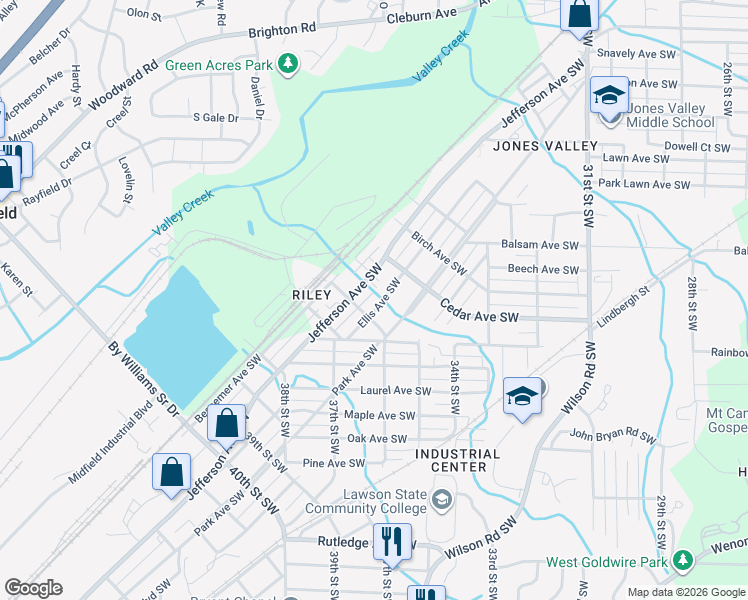 map of restaurants, bars, coffee shops, grocery stores, and more near 3521 Jefferson Avenue Southwest in Birmingham