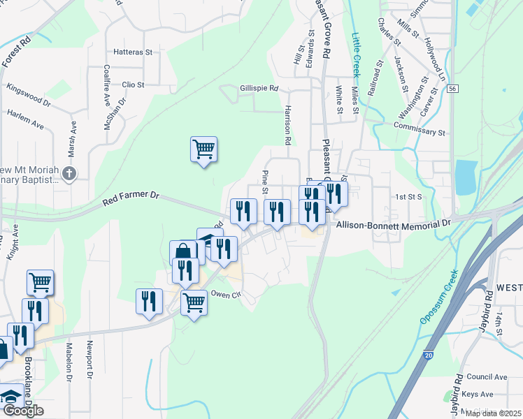 map of restaurants, bars, coffee shops, grocery stores, and more near 103 Pine Street in Hueytown