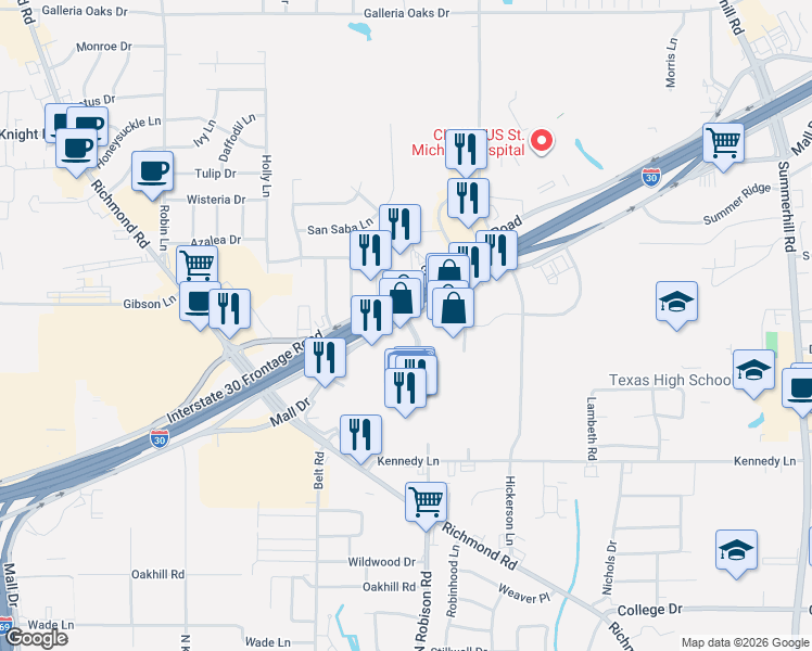 map of restaurants, bars, coffee shops, grocery stores, and more near 2842-3122 Saint Michael Drive in Texarkana