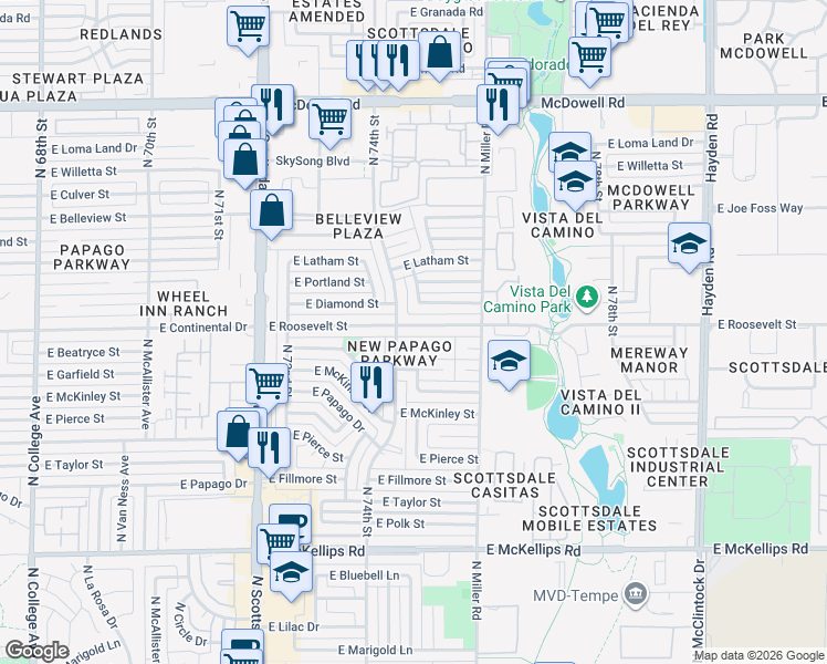 map of restaurants, bars, coffee shops, grocery stores, and more near 1007 North 74th Street in Scottsdale