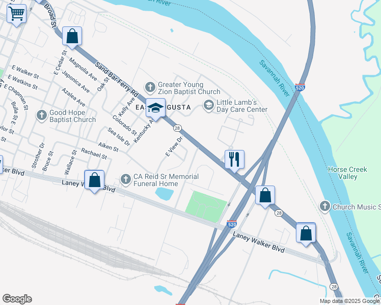 map of restaurants, bars, coffee shops, grocery stores, and more near 510 Sand Bar Ferry Road in Augusta