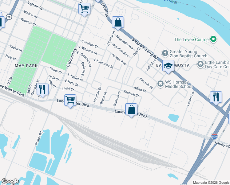 map of restaurants, bars, coffee shops, grocery stores, and more near 412 Rachael Street in Augusta
