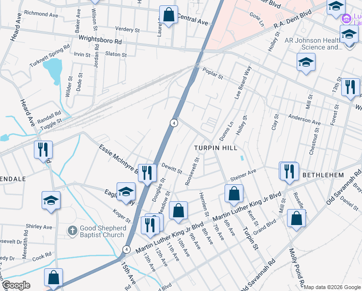 map of restaurants, bars, coffee shops, grocery stores, and more near 1625 Ramsey Street in Augusta