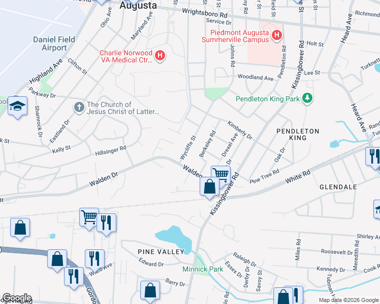 map of restaurants, bars, coffee shops, grocery stores, and more near 1749 Wycliffe Street in Augusta