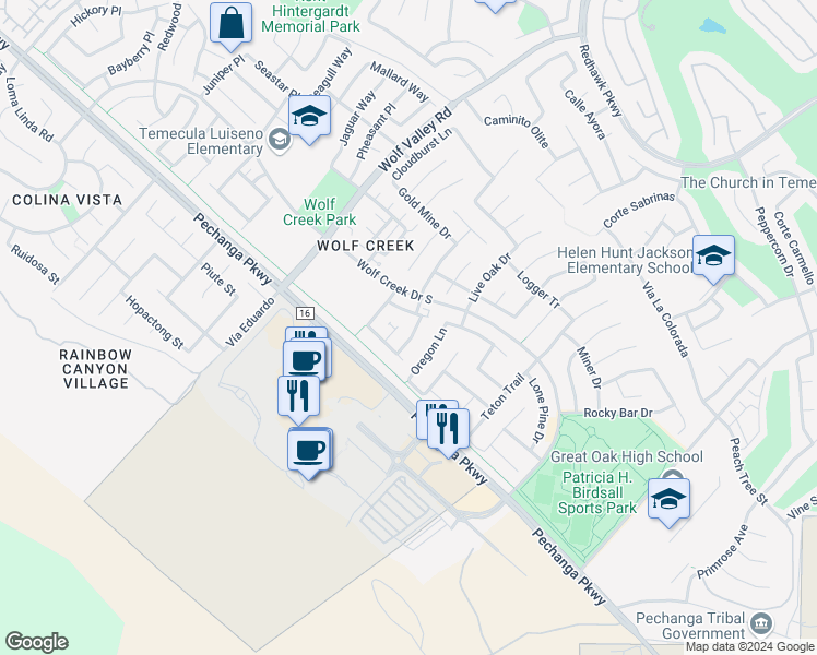 map of restaurants, bars, coffee shops, grocery stores, and more near 31934 Red Pine Way in Temecula