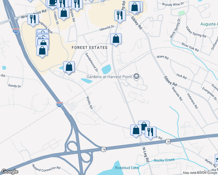 map of restaurants, bars, coffee shops, grocery stores, and more near 1901 North Leg Road in Augusta