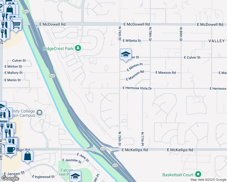 map of restaurants, bars, coffee shops, grocery stores, and more near 7552 East Hermosa Vista Drive in Mesa