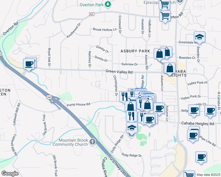 map of restaurants, bars, coffee shops, grocery stores, and more near 2406 Christopher Place in Vestavia Hills