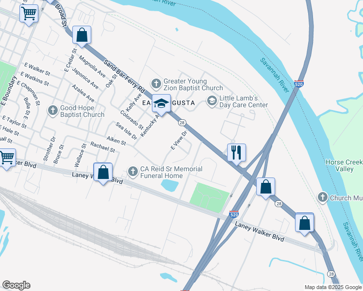 map of restaurants, bars, coffee shops, grocery stores, and more near 503 Silver Street in Augusta