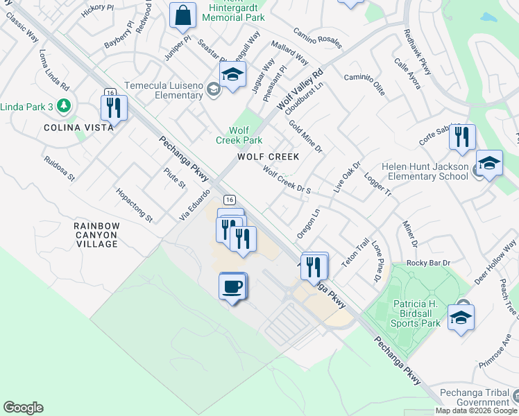 map of restaurants, bars, coffee shops, grocery stores, and more near 31752 Green Oak Way in Temecula