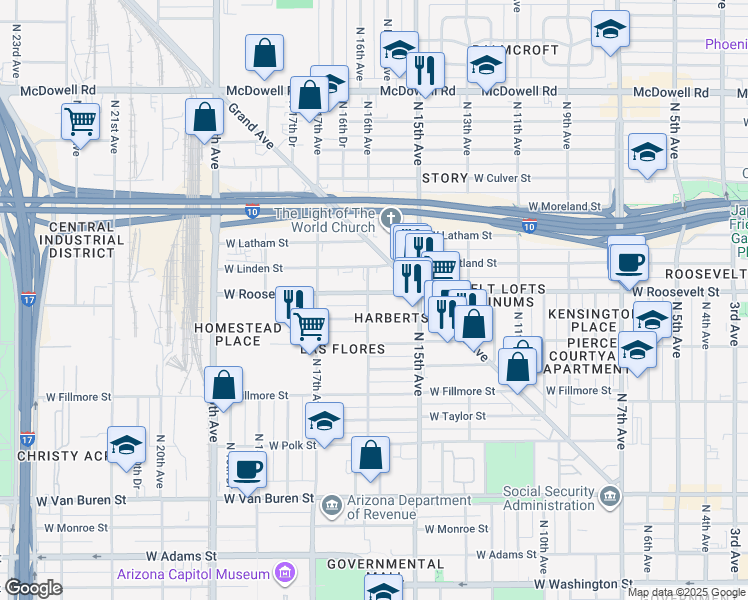 map of restaurants, bars, coffee shops, grocery stores, and more near 1538 West Roosevelt Street in Phoenix