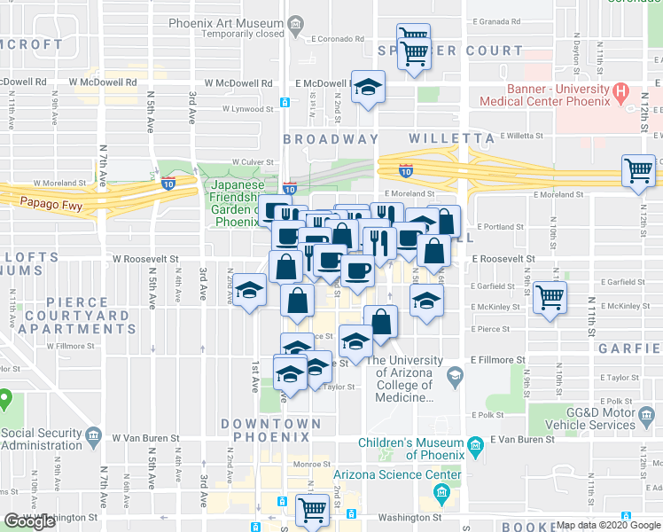 map of restaurants, bars, coffee shops, grocery stores, and more near 918 North 2nd Street in Phoenix