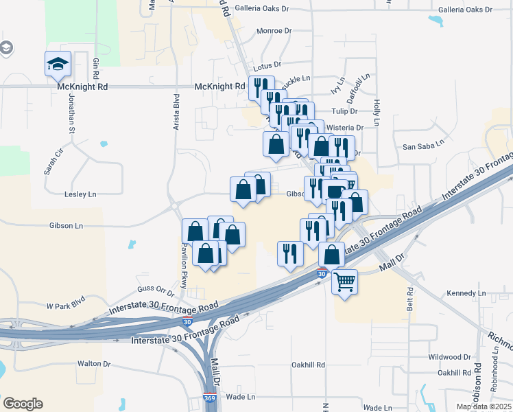 map of restaurants, bars, coffee shops, grocery stores, and more near 4101 Gibson Lane in Texarkana