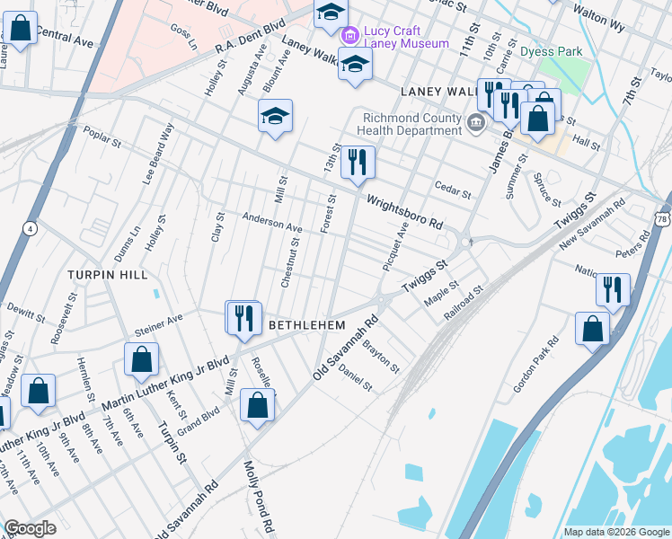 map of restaurants, bars, coffee shops, grocery stores, and more near 1522 Forest Street in Augusta