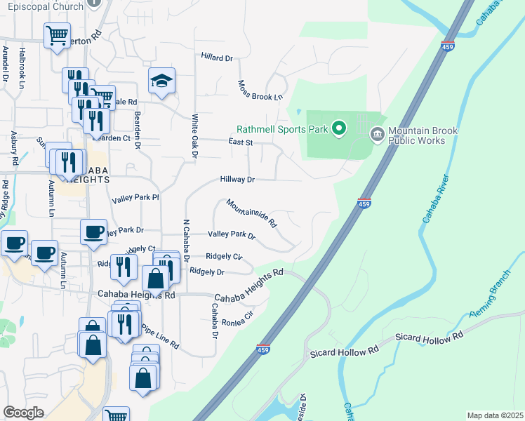 map of restaurants, bars, coffee shops, grocery stores, and more near 3352 Mountainside Road in Vestavia Hills