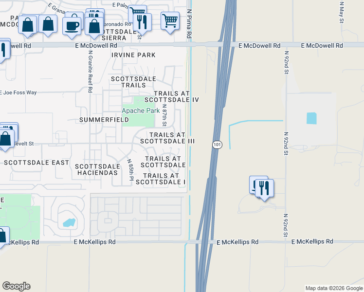 map of restaurants, bars, coffee shops, grocery stores, and more near 1075 North 87th Way in Scottsdale