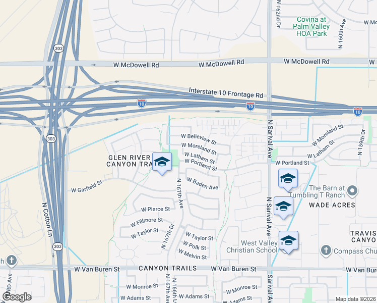 map of restaurants, bars, coffee shops, grocery stores, and more near 16642 West Moreland Street in Goodyear