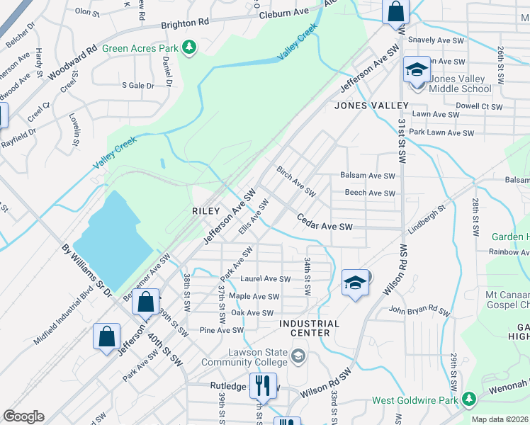 map of restaurants, bars, coffee shops, grocery stores, and more near 3505 Ellis Avenue Southwest in Birmingham
