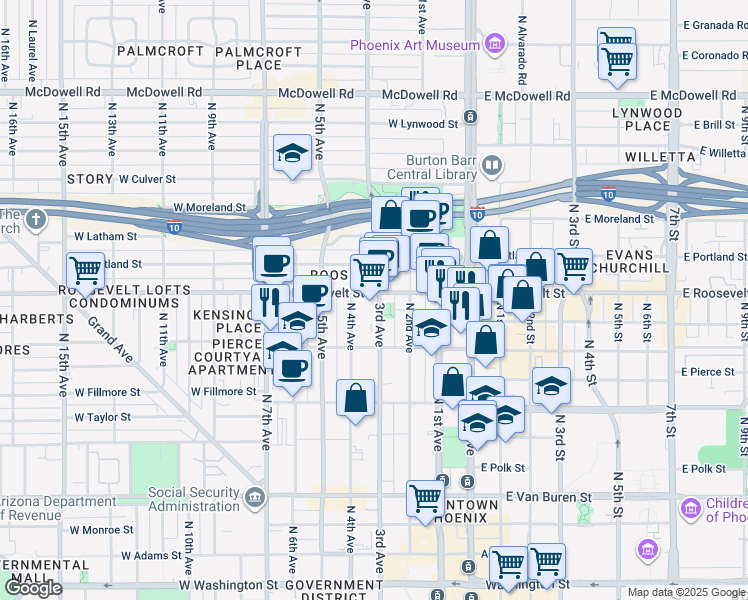 map of restaurants, bars, coffee shops, grocery stores, and more near in Phoenix