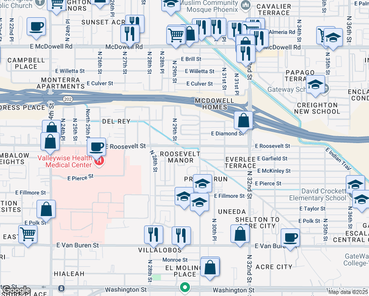 map of restaurants, bars, coffee shops, grocery stores, and more near 2915 East Roosevelt Street in Phoenix